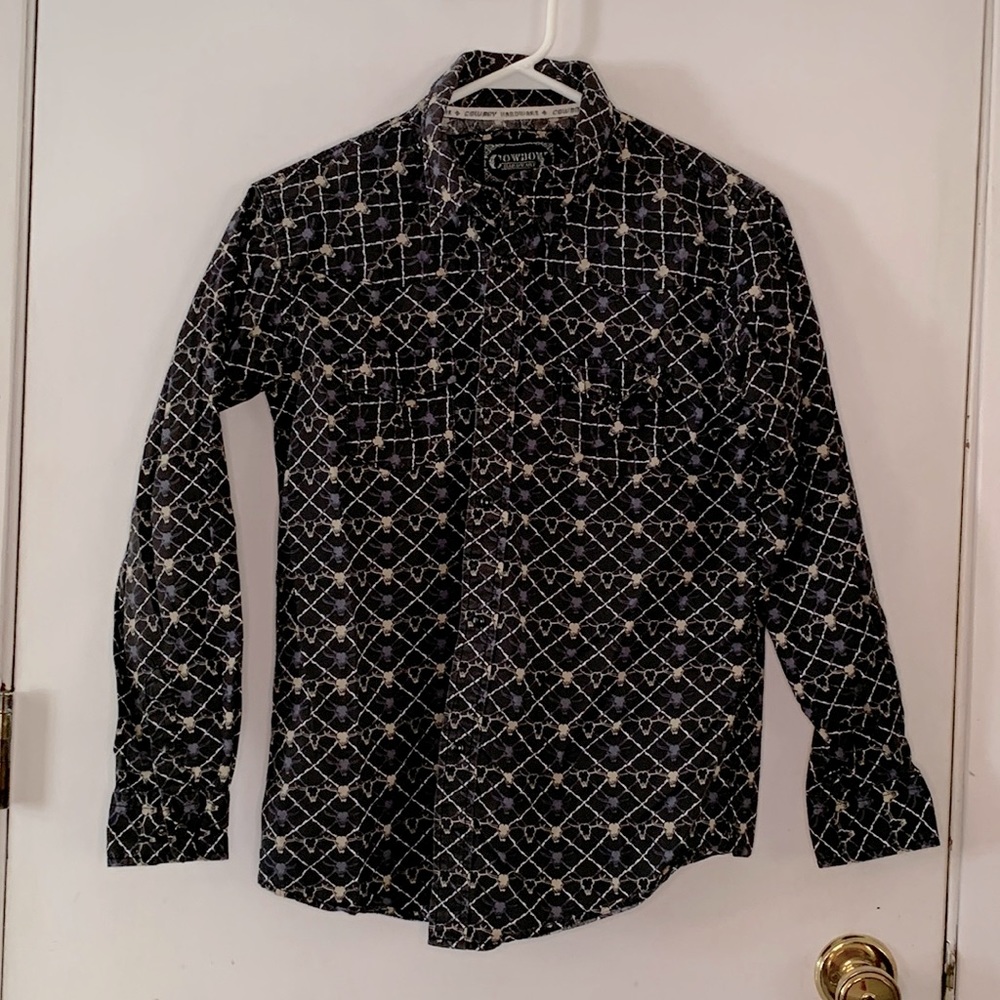 Cowboy Hardware black long sleeve western shirt with skull and barbed wire